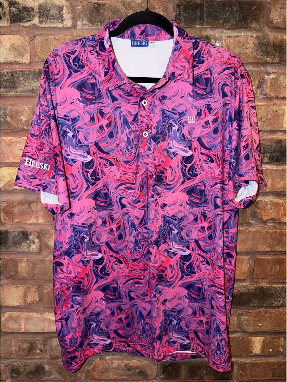 HRESKI Men's Large Golf Polo Shirt Performance Stretch Pink Abstract Logo